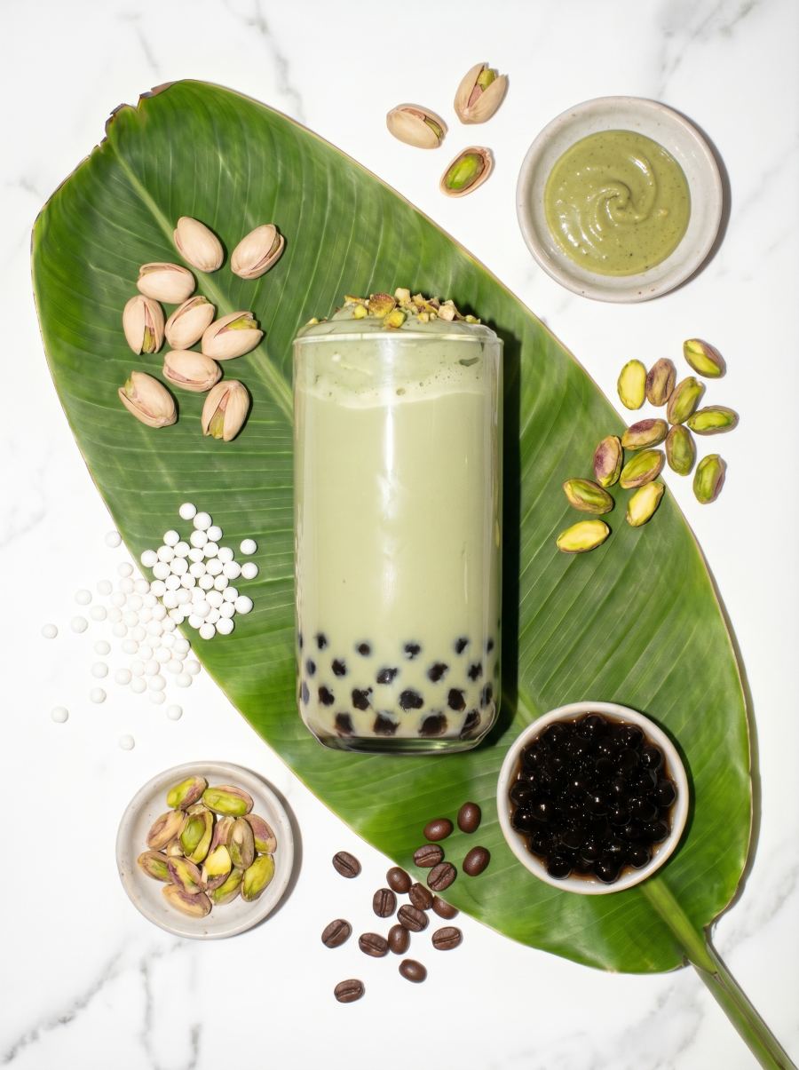 Pistachio Latte styled on a banana leaf with whole pistachios and tapioca pearls