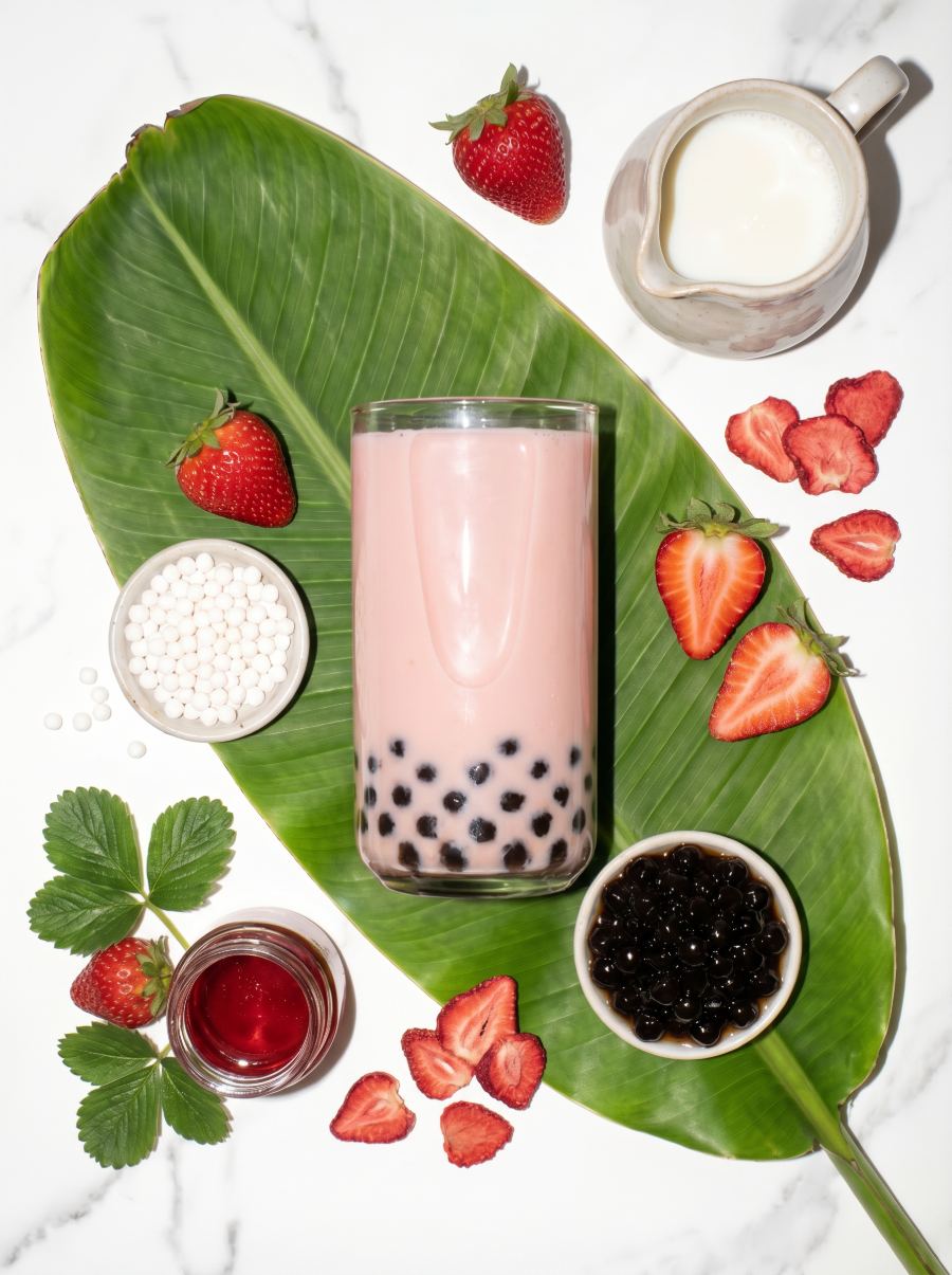 Strawberry Milk boba on a banana leaf with fresh strawberries and tapioca pearls