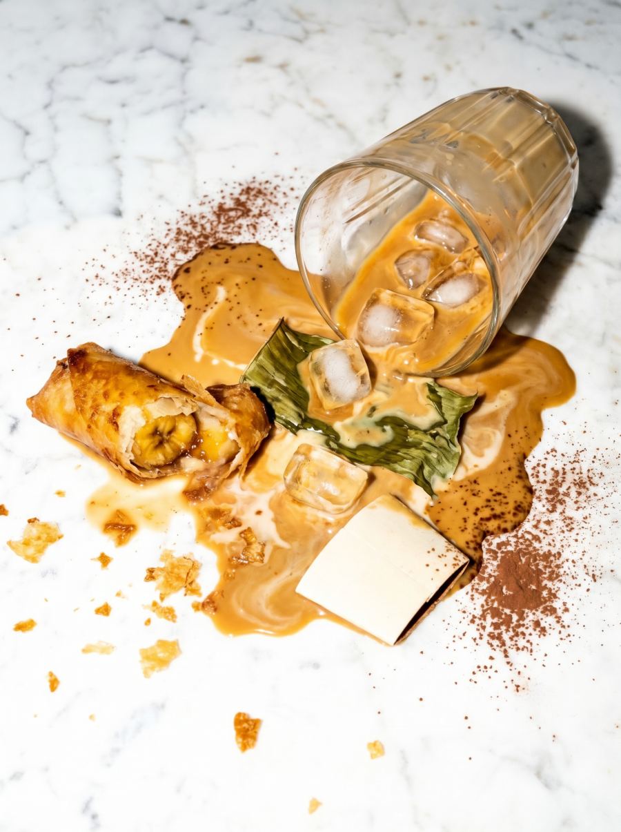 Turon Latte spilled across white marble with a banana spring roll
