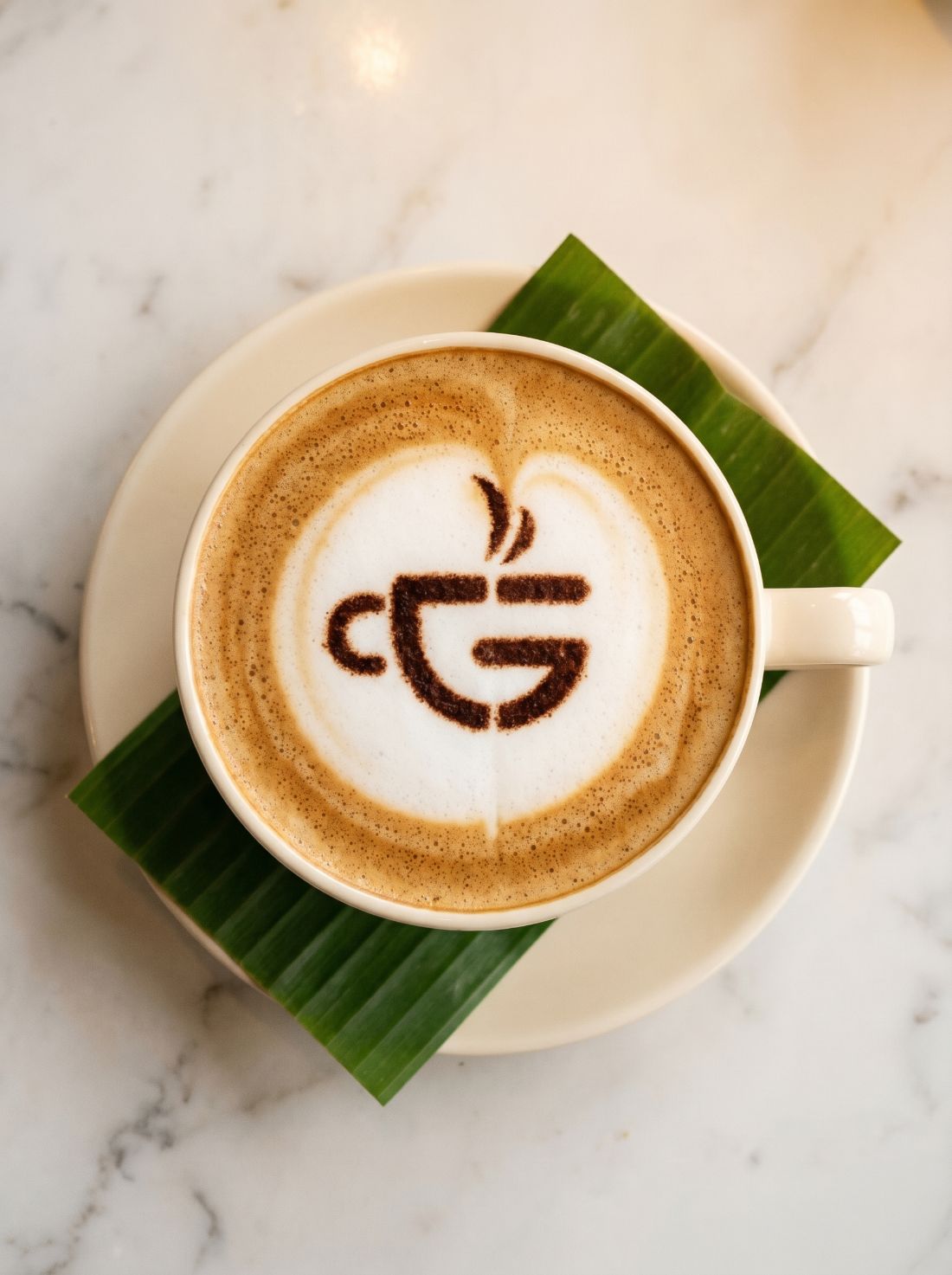 A cappuccino with the Common Grounds CG cup-and-steam logo etched in cocoa on the foam